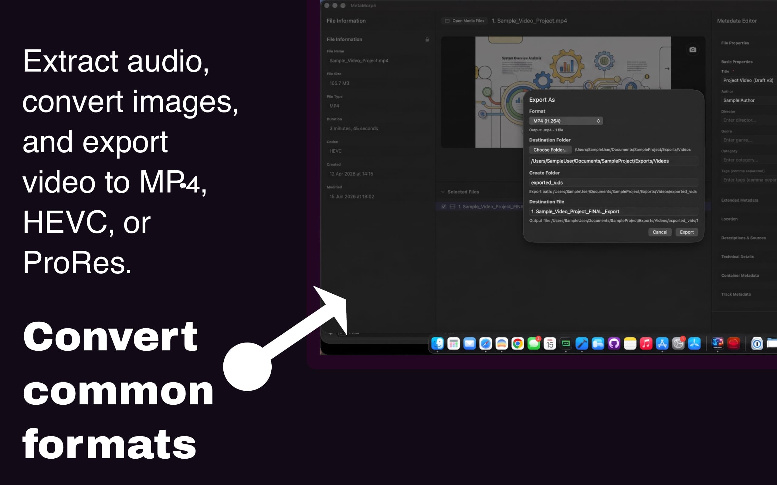MetaMorph Media Export As dialog with format set to MP4 (H.264) and destination options