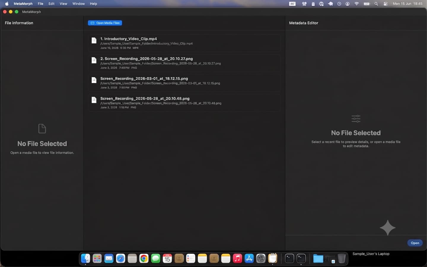MetaMorph Media file browser listing recent video, audio, and image files