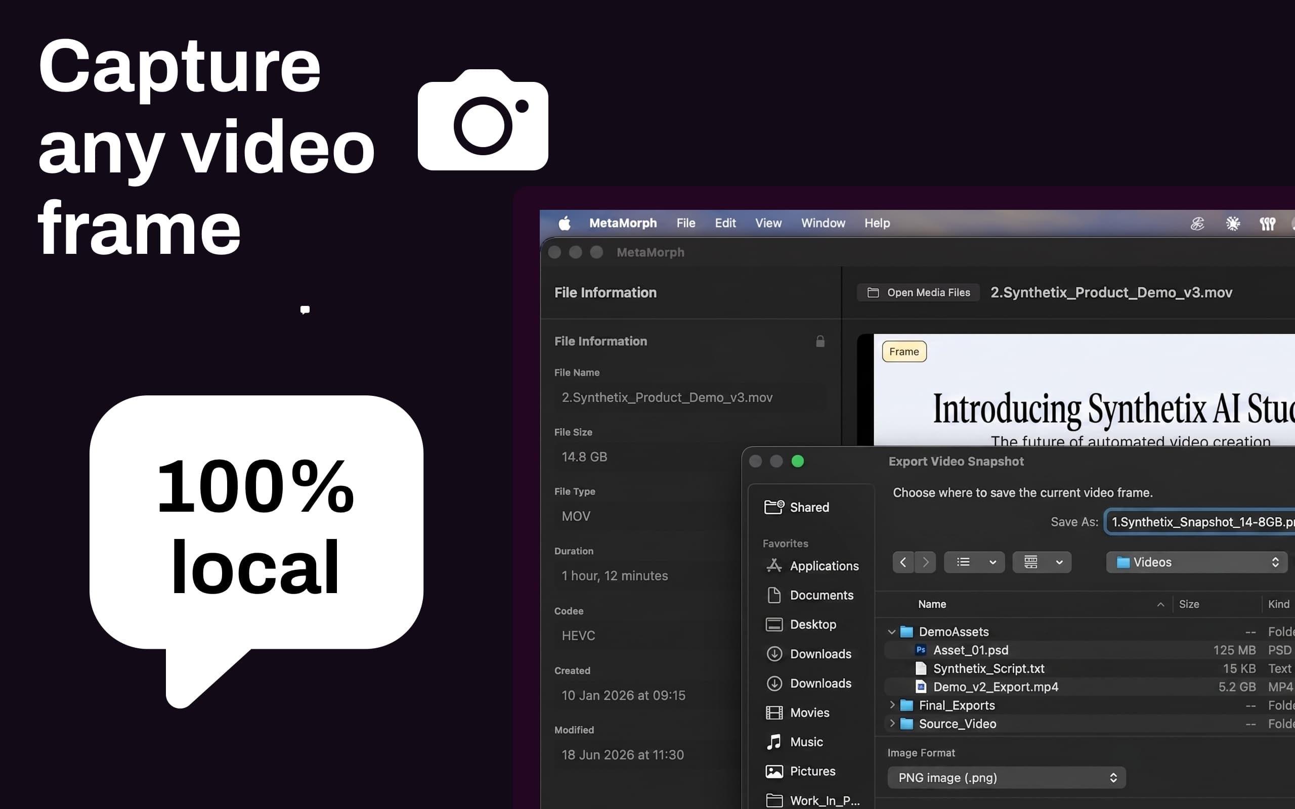 MetaMorph Media Export Video Snapshot dialog saving a frame as a PNG image