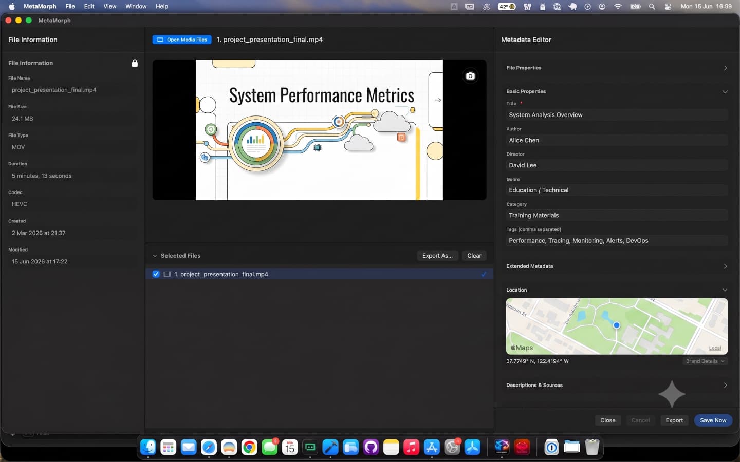 MetaMorph Media metadata editor showing Basic Properties fields for a media file
